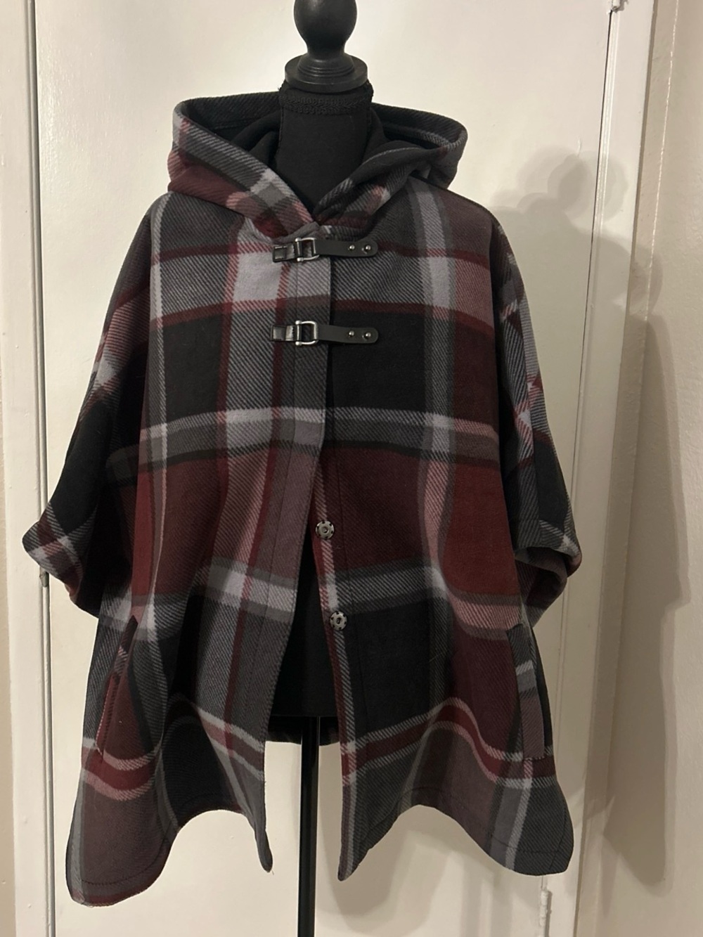 Hooded Plaid Cape Jacket w/ Leather Straps